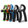 A selection of adjustable hand grips in green, orange, blue, and black, featuring ergonomic handles and springs.