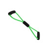 A green figure 8 resistance band with black handles, designed for sports and fitness activities.