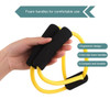 A Figure 8 resistance band with black foam handles and yellow elastic bands, featuring an ergonomic design.