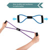 A purple and blue figure 8 resistance band with handles, held by hands, showcasing its flexibility and design.