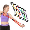 A Figure 8 resistance band in red, with handles, surrounded by yellow, blue, green, and purple bands in various positions.
