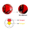 A red promotional soccer ball featuring hexagonal and pentagonal panels, with a logo visible on the surface.