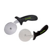 A pizza cutter set featuring two stainless steel blades with black handles, one larger and one smaller.