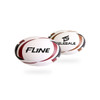 A promotional rugby ball in white with red, brown, and black detailing, featuring branding on its surface.