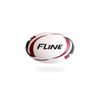 A rugby ball featuring a white base with red and black curved stripes and a logo.