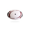 A rugby ball featuring white, maroon, and black stripes, with a branded logo on its surface.