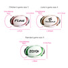 A set of rugby balls in various sizes, featuring white, brown, and green colours, each with distinct logos.