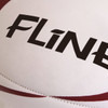 A rugby ball with a white surface and red accents, featuring a branding logo.