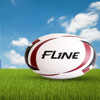 A rugby ball with red and black stripes on a grassy surface, featuring a logo.