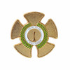 A gold cloisonné hard enamel pin shaped like a cross with a laurel wreath and a central medal.