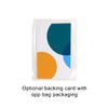 A backing card featuring abstract circles in teal, blue, and orange, packaged in a clear opp bag.