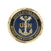 A gold and navy enamel commemorative coin pin featuring an anchor design and the text "United States Navy."