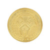 A gold coin pin featuring a textured surface and intricate design. The pin has a logo on it.