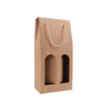 A drink bottle carrier in brown kraft paper with a rope handle and cut-out windows for two bottles.