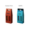 A double bottle portable wine box in orange and blue, featuring cut-out windows and handle openings. It has logos on each side.