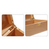 A wooden case featuring a natural finish, gold hinges, and a secure latch for storage.