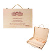 A vintage wooden wine box in light wood, holds six bottles, featuring a handle and decorative illustrations.
