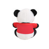 A plush panda toy with black and white fur, wearing a red shirt, viewed from the back.
