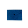 A blue felt file folder featuring a flap closure and a round button. It has a simple, textured finish.