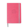 A5 PU cover notebook in vibrant pink with a grey elastic band and embossed logo.