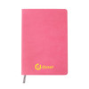 A5 PU cover notebook in pink with a logo on the front and a silver ribbon bookmark.