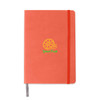 A5 PU cover notebook in coral with an elastic band, featuring a logo design and a ribbon bookmark.