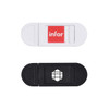 A white and black tablet webcam cover with logos, featuring a sliding mechanism for privacy.