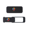 A black webcam cover featuring a logo, designed for privacy on tablets and laptops.