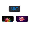 A set of three mini webcam covers in black and colourful designs, featuring a logo and graphic text.