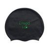 A black swimming cap featuring a logo in green. Designed for use in various water sports.