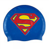A blue swimming cap featuring a large red and yellow logo with an emblem. It has a smooth surface and rounded shape.