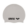 A white swimming cap featuring a logo in black, designed for water sports.