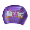 A purple swimming cap featuring a logo and graphic design for a swimming team.