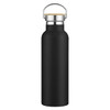 A drink bottle in matte black with a stainless steel cap and a loop for easy carrying.