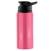 A drink bottle in bright pink with a black lid and spout, featuring a logo.