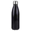 A drink bottle in black metal with a silver cap, featuring a sleek, curved design and a visible logo.