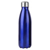 A blue metal drink bottle with a stainless steel lid and a sleek, curved design. It features a logo.
