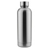 A drink bottle in a sleek silver finish, featuring a stainless steel design and a simple logo at the base.