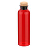 A drink bottle in vibrant red with a cork stopper and a sleek design. It features a logo on the body.