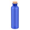 A blue drink bottle with a cork stopper and a smooth, transparent design. It features a logo on the surface.