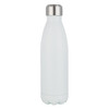 A drink bottle in matte white with a stainless steel cap and a logo. Ideal for keeping beverages cold or hot.