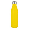 A drink bottle in bright yellow with a stainless steel cap and a sleek, curved design.
