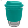 A reusable coffee cup in teal with a silicone sleeve and lid, featuring a clear glass base and a logo.