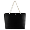 A black tote bag with white rope handles and a button closure. It has a minimalist design.