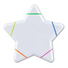 A star-shaped highlighter with sections in green, blue, orange, and pink. The body is white and features a logo.