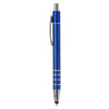 A blue metal stylus pen with chrome accents and a clip, featuring a smooth design.