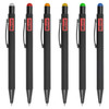 A collection of six stylus pens in black with caps in red, orange, yellow, green, and grey, featuring a logo.