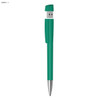 A green USB pen with a metal tip and a USB connector on top, featuring a logo.