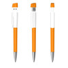 A USB pen in orange and white, featuring a metal tip and a retractable USB connector.