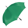 A green golf umbrella with a black handle, featuring a logo on the canopy.